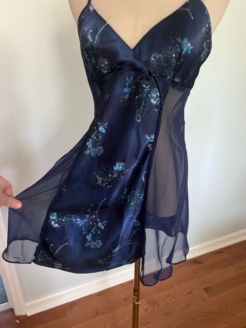VTG/Y2K Cinema Etoile Sheer Slip Dress Navy Blue Floral Satin Coquette Size L - Picture 2 of 9